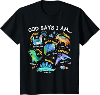 Kids God Says I Am Outer Space Dinosaur Bible Christian Boys T-Shirt