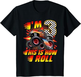 Kids I'm 3 This Is How I Roll Monster Truck Car 3rd Birthday Boys T-Shirt
