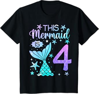 4th Birthday Shirt Girl 4yr Four 4 Year Old Mermaid Bday T-Shirt