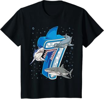 Kids 7th Birthday Boys Shark 7 years Old Ocean Shark B-day T-Shirt