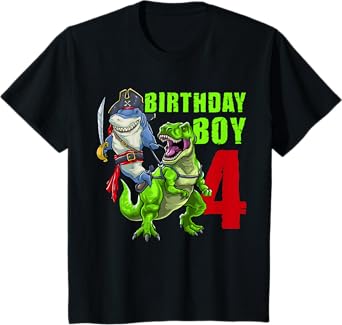 Kids 4th Birthday Boy 4 Years Old Dinosaur Pirate Shark T-Shirt