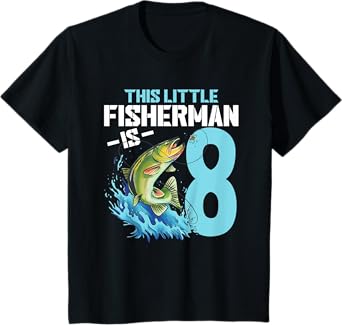 Kids Fishing Birthday Shirt 8 Year Old Boy Fisher 8th Bday Kids T-Shirt