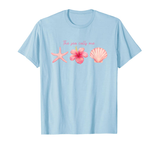 The Sea Calls Me Shirt Pink Hibiscus Starfish Seashell Art T-Shirt