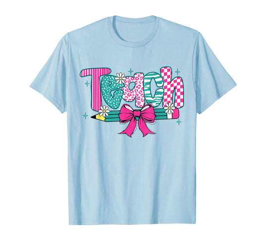 Girly Teach Coquette Bow Floral Pencil Teacher Appreciation T-Shirt