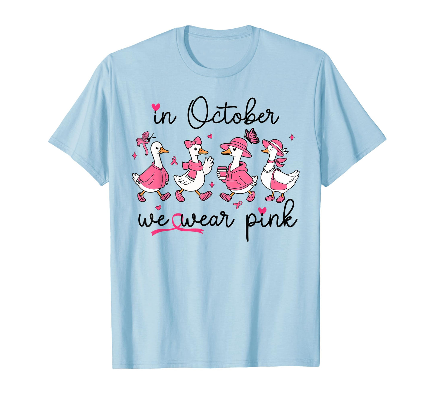 in October We Wear Pink Breast Cancer Awareness Goose Bow T-Shirt