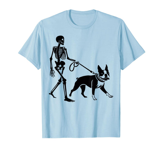 Funny Halloween Skeleton Walking Boston Terrier Dog Lover T-Shirt for Men Women Kids