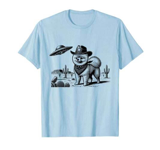 Vintage Pomeranian UFO Western Cowboy Wild West Dog Mom Dad T-Shirt