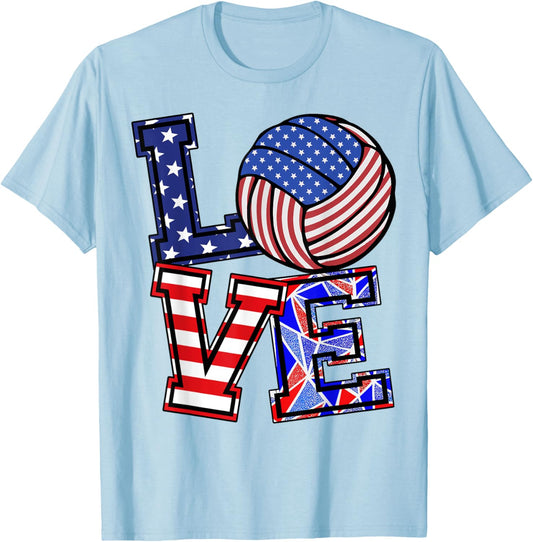 I Love Volleyball-Shirt Teen Girl American Flag 4th July USA T-Shirt