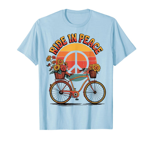 Ride In Peace Bicycle Retro Hippie Floral Sunset T-Shirt