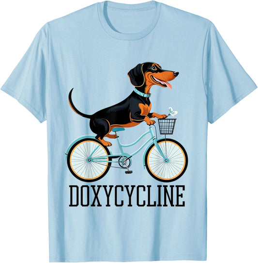 Dachshund on Bicycle Doxycycline Pharmacy Pun DogPharmacist T-Shirt
