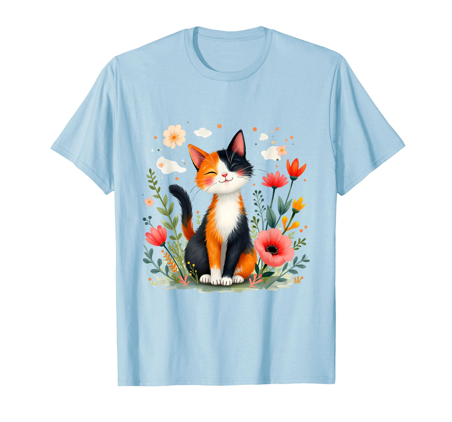Smiling Calico Cat Cute Floral Kitten Cartoon Kitty Outdoors T-Shirt