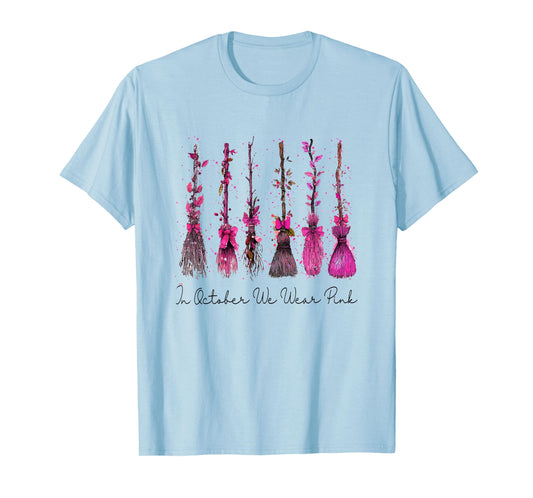 in October We Wear Pink Witches Brooms Spooky Breast Cancer T-Shirt