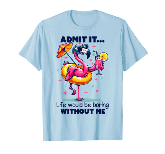 Pink Flamingo Drinking Cocktails Summer Vacation Beach Funny T-Shirt