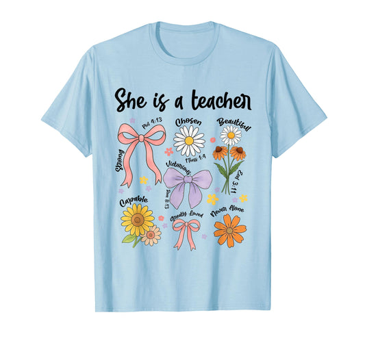 She is A Teacher Christian Floral Coquette Bow Teaching Life T-Shirt