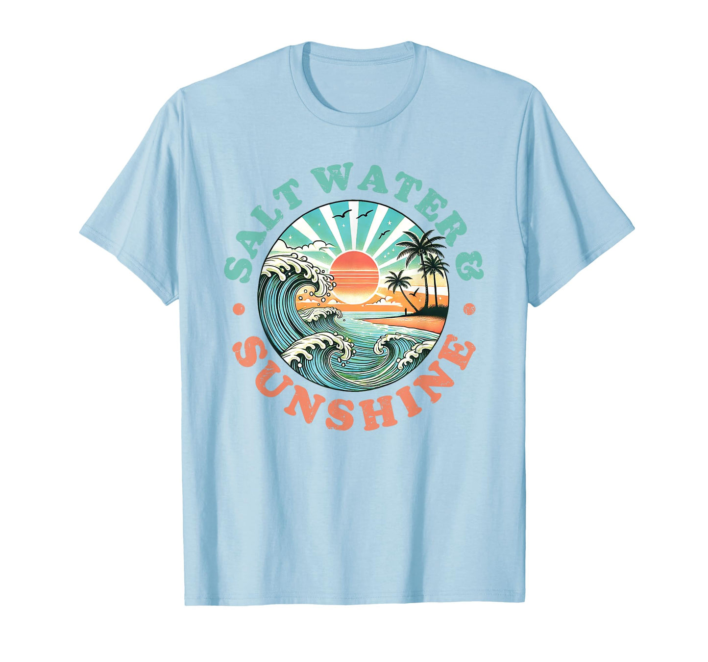 Salt Water and Sunshine Retro Beach Wave Sunset Palm Tree T-Shirt