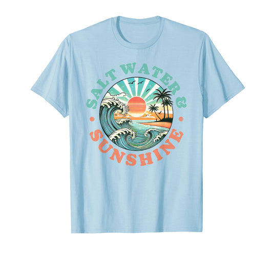 Salt Water and Sunshine Retro Beach Wave Sunset Palm Tree T-Shirt