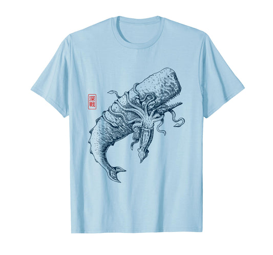 Whale vs. Squid / Vintage Ocean Design with Kanji Stamp T-Shirt