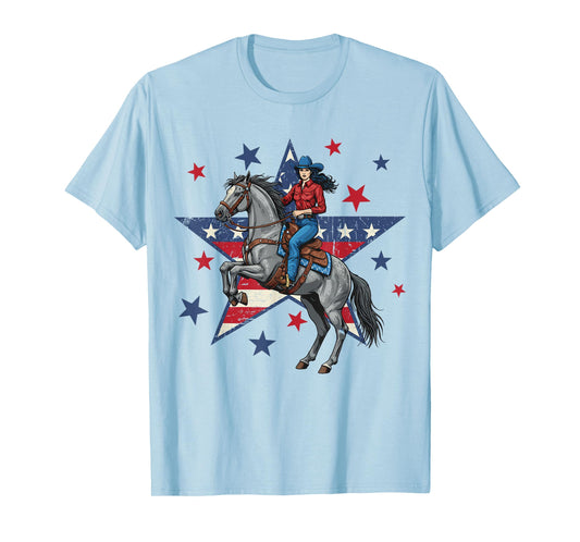 Patriotic American Cowgirl Riding Horse USA Flag 4th of July T-Shirt