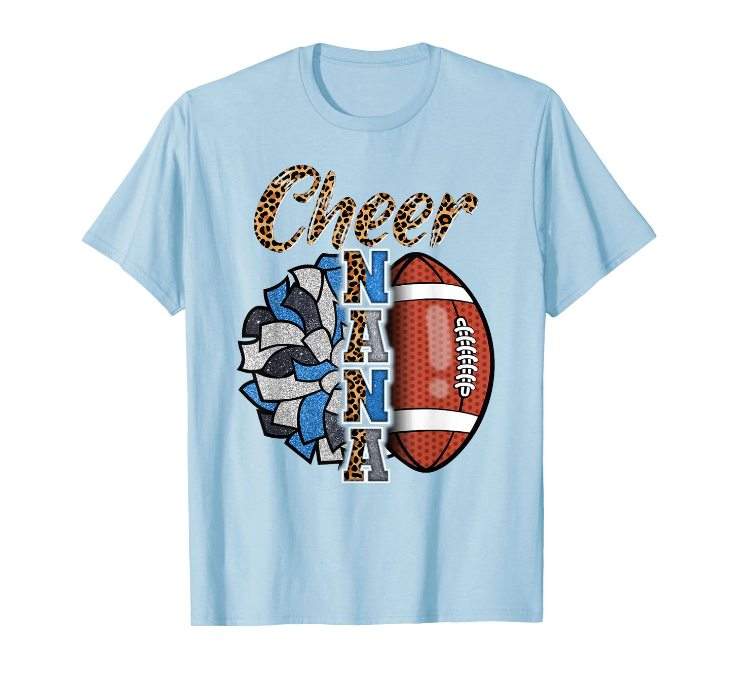 Football Cheer Nana Grandma Blue White Pom Pom Leopard T-Shirt