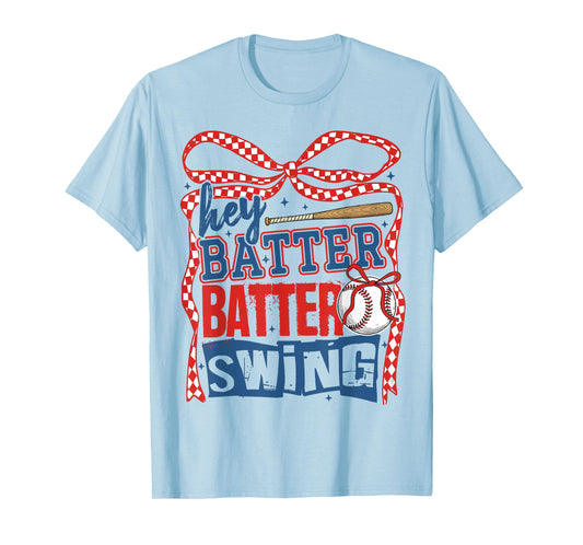 Baseball Mom Hey Batter Batter Swing Coquette Bow Womens T-Shirt
