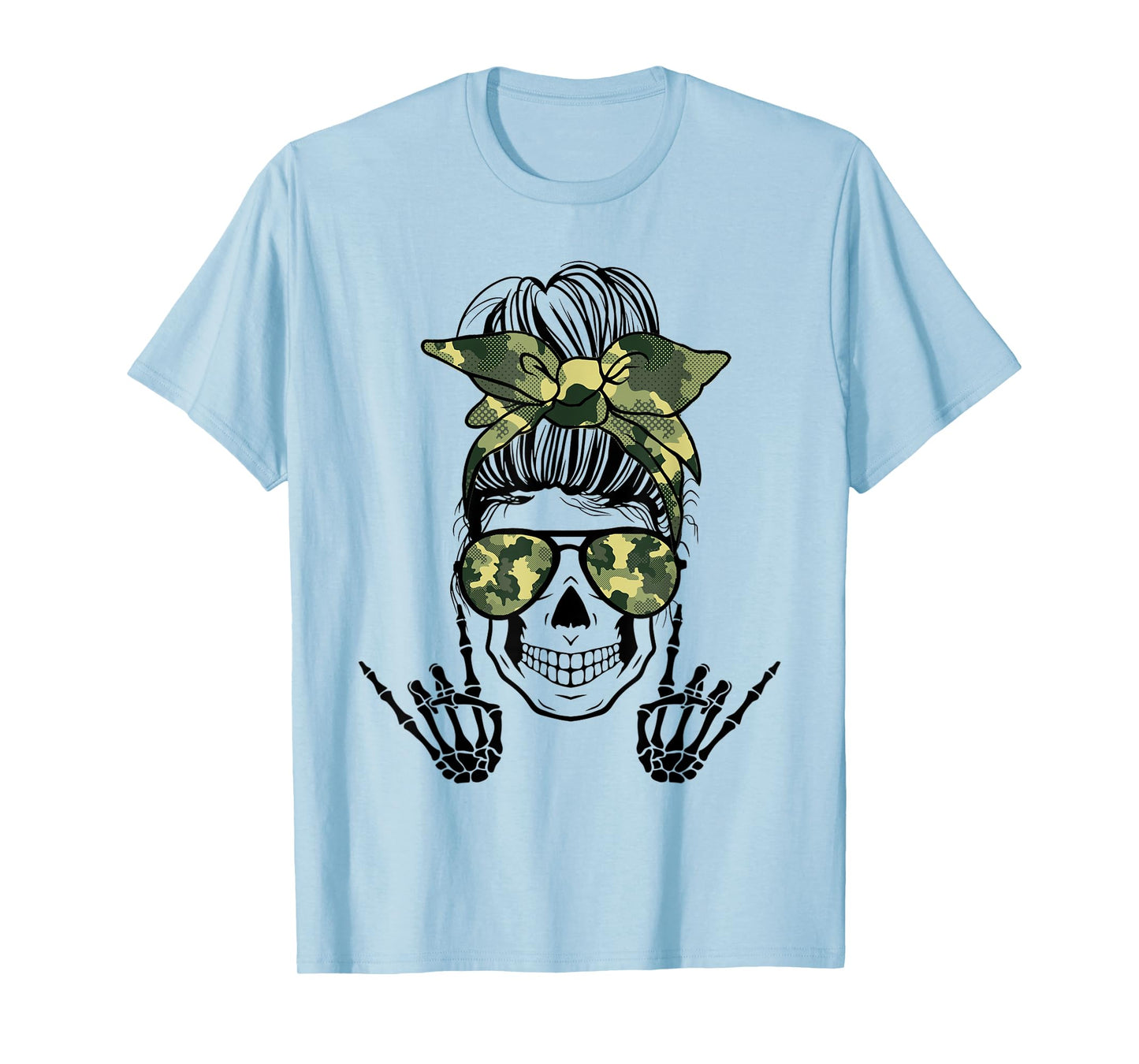 Horror Life Camo Messy Bun Skeleton Haloween Rock N Roll T-Shirt