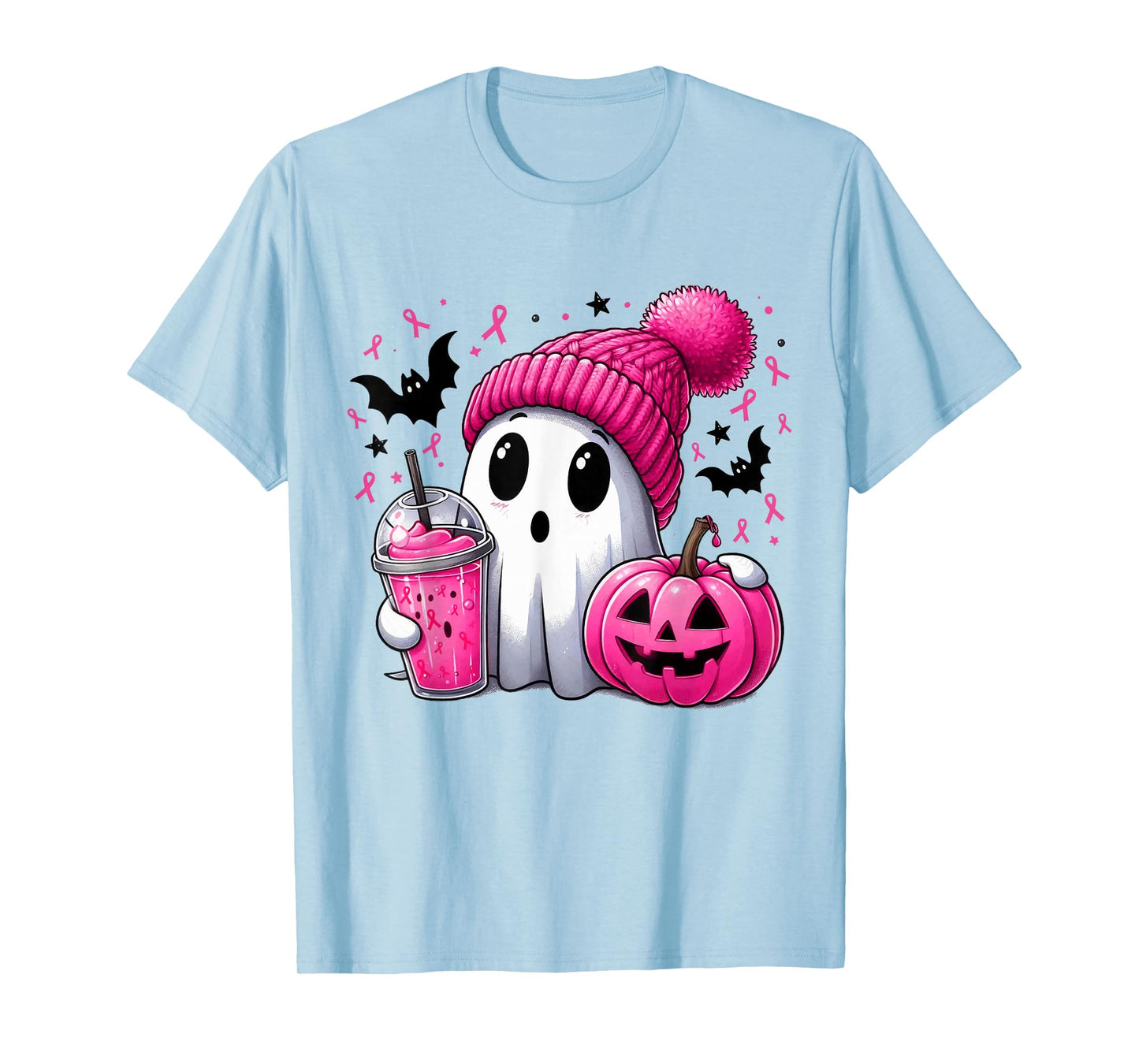 in October We Wear Pink Spooky Ghost Halloween Breast Cancer T-Shirt