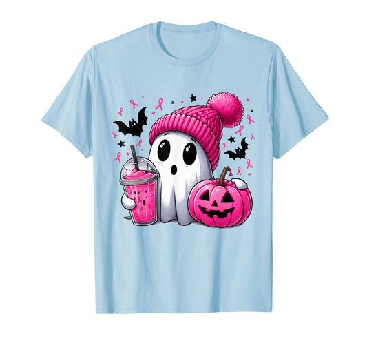 in October We Wear Pink Spooky Ghost Halloween Breast Cancer T-Shirt