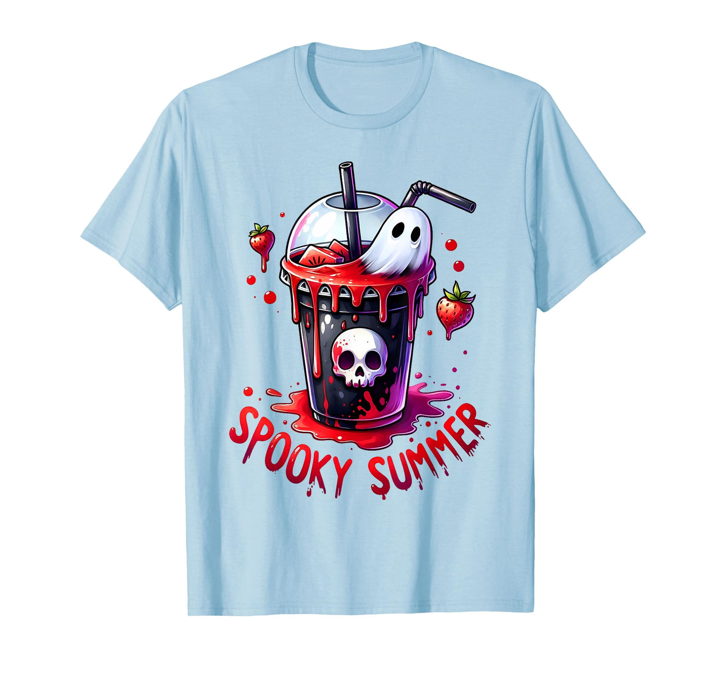 Spooky Summer Skeleton Strawberry Iced Coffee Cup Halloween T-Shirt