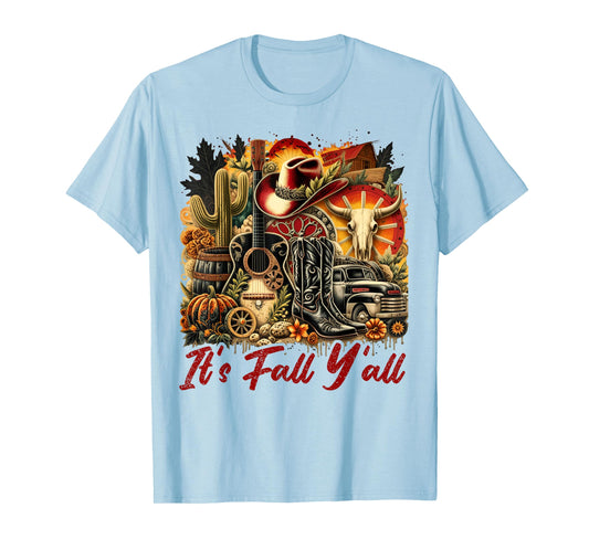 Its Fall Yall Cowgirl Boots Guitar Pumpkin Autumn Harvest T-Shirt