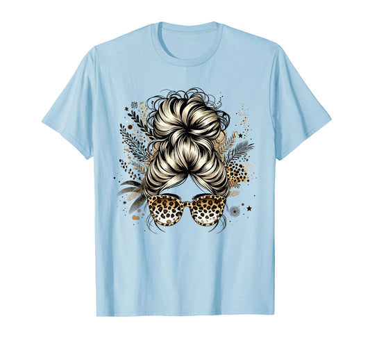 Leopard Messy Bun Hair Funny Mom Life Leopard Bandana T-Shirt