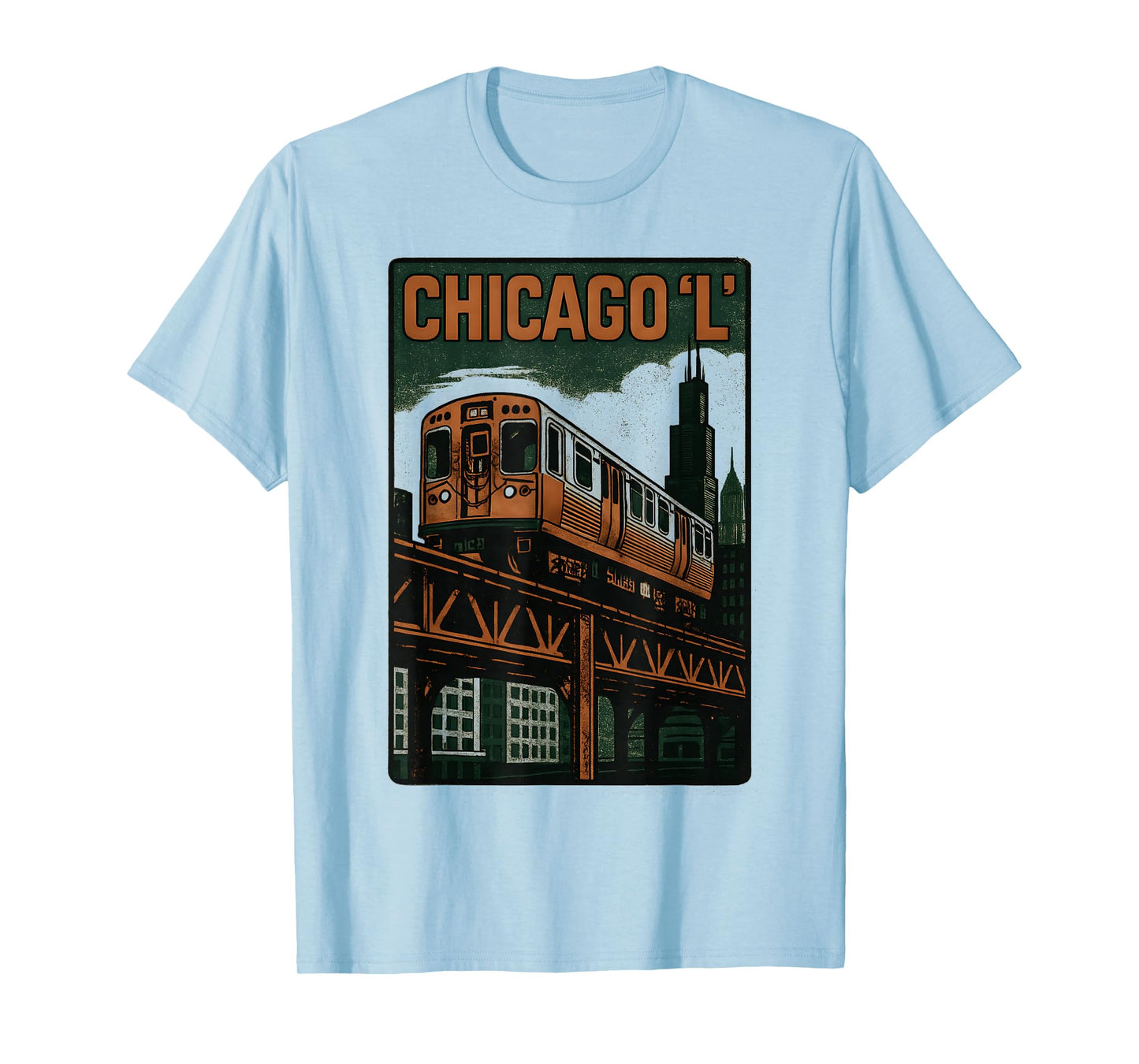 Chicago L Train Retro City Transit Urban Skyline Artwork T-Shirt