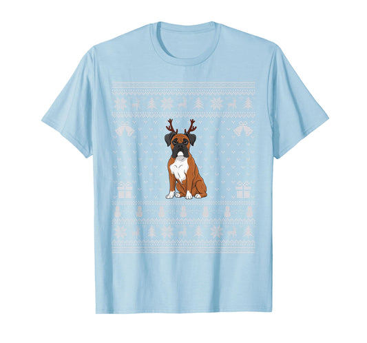 Ugly Xmas Sweater Style Boxer Dog Reindeer Christmas T-Shirt for Men Women Kids