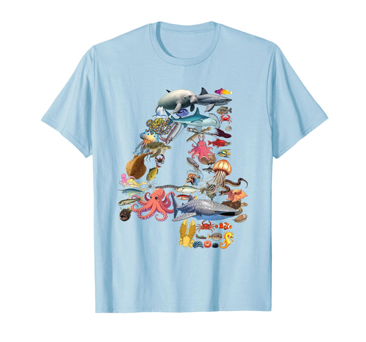 4 Years Old 4th Birthday Sea Ocean Animals Figures Number 4 T-Shirt