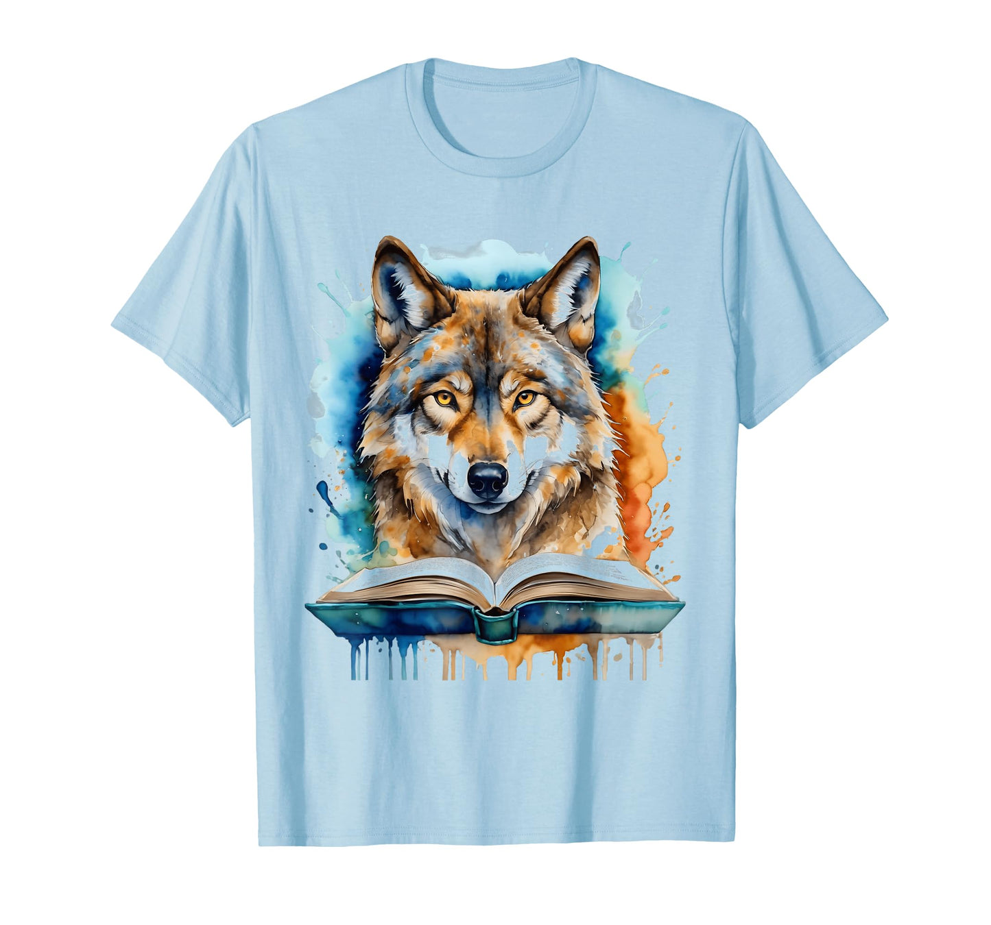 Wolf Reading Book Colorful Animal Art Print Graphic T-Shirt