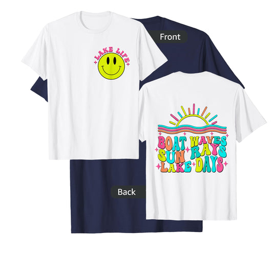 Boat Waves Sun Rays Lake Days Retro Summer vacation on Back T-Shirt
