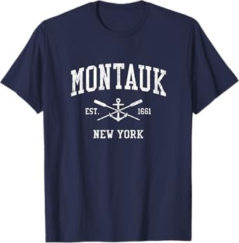 Montauk NY Vintage Crossed Oars & Boat Anchor Sports T-Shirt