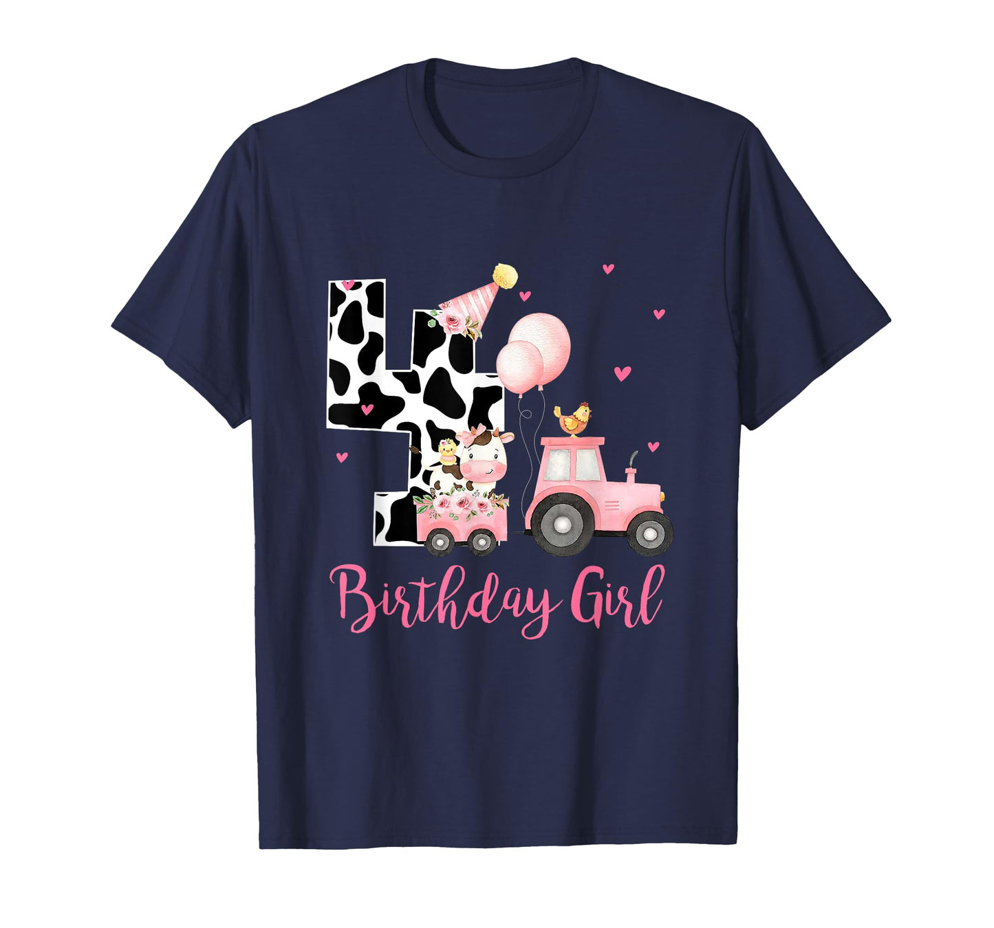 4th Birthday Outfit Girl 4 Year Old Farm Cow Chick Tractor T-Shirt
