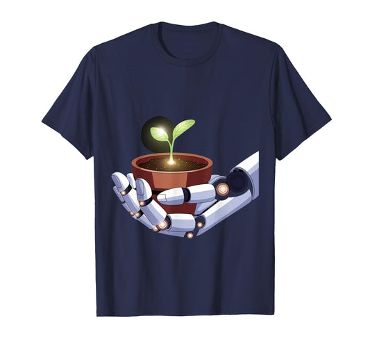 Robot Hand Holding Plant Design T-Shirt