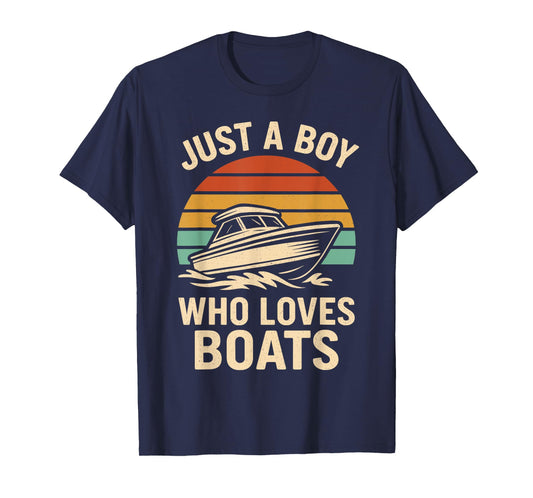 Just a Boy Who Loves Boats Retro Boys Bday Boat Lover T-Shirt