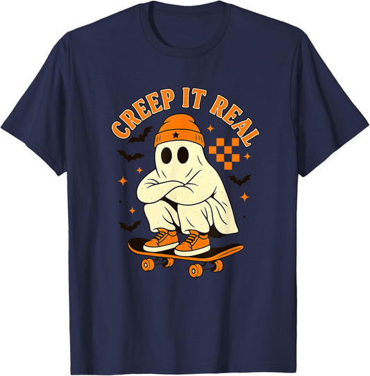 Creep it Real Ghost Skateboard Halloween Skateboarding T-Shirt