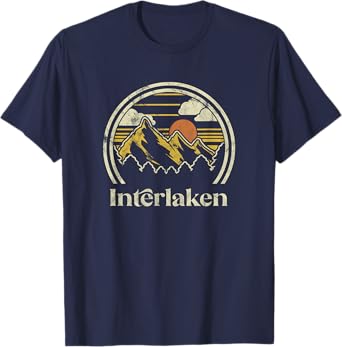 Vintage Outdoors Mountains Apparel & Gifts Interlaken Mountains Switzerland Hiking Retro Blue T-Shirt