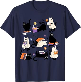 Cute Ghost Cat Reading Books Lover Bookish Halloween Spooky T-Shirt