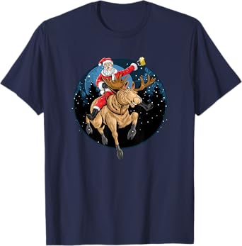 Santa Claus Drinking a Beer While Riding a Moose T-Shirt