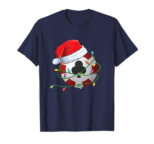 Christmas Poker Chip in Santa Hat wrapped in Holiday Lights T-Shirt