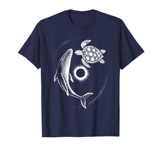Retro Whale Turtle Sunset Eclipse Ocean Wildlife Yin Yang T-Shirt