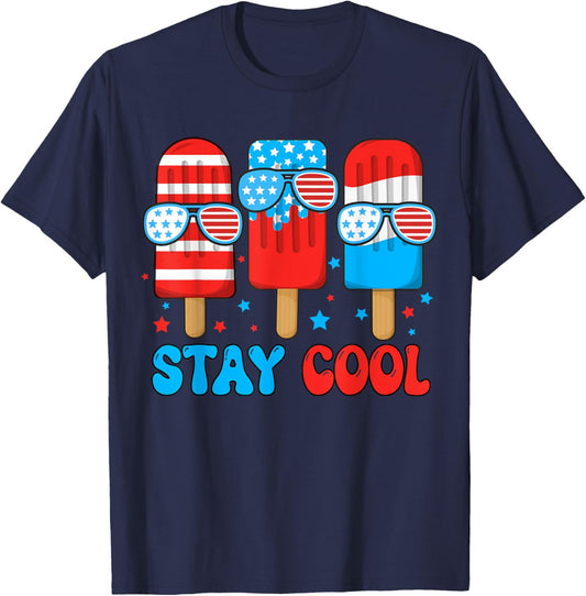 Stay Cool Popsicle 4th July Boys Men Patriotic American Flag T-Shirt