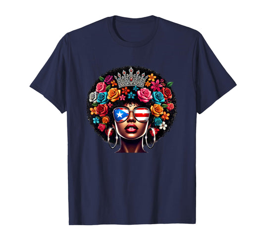 Afro Boricua Queen Crown Flowers Sunglasses Puerto Rico Flag T-Shirt