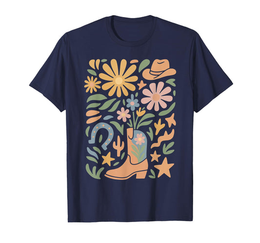 Boho Flowers Cowgirl Pink Boots Cow Skull Western Country T-Shirt