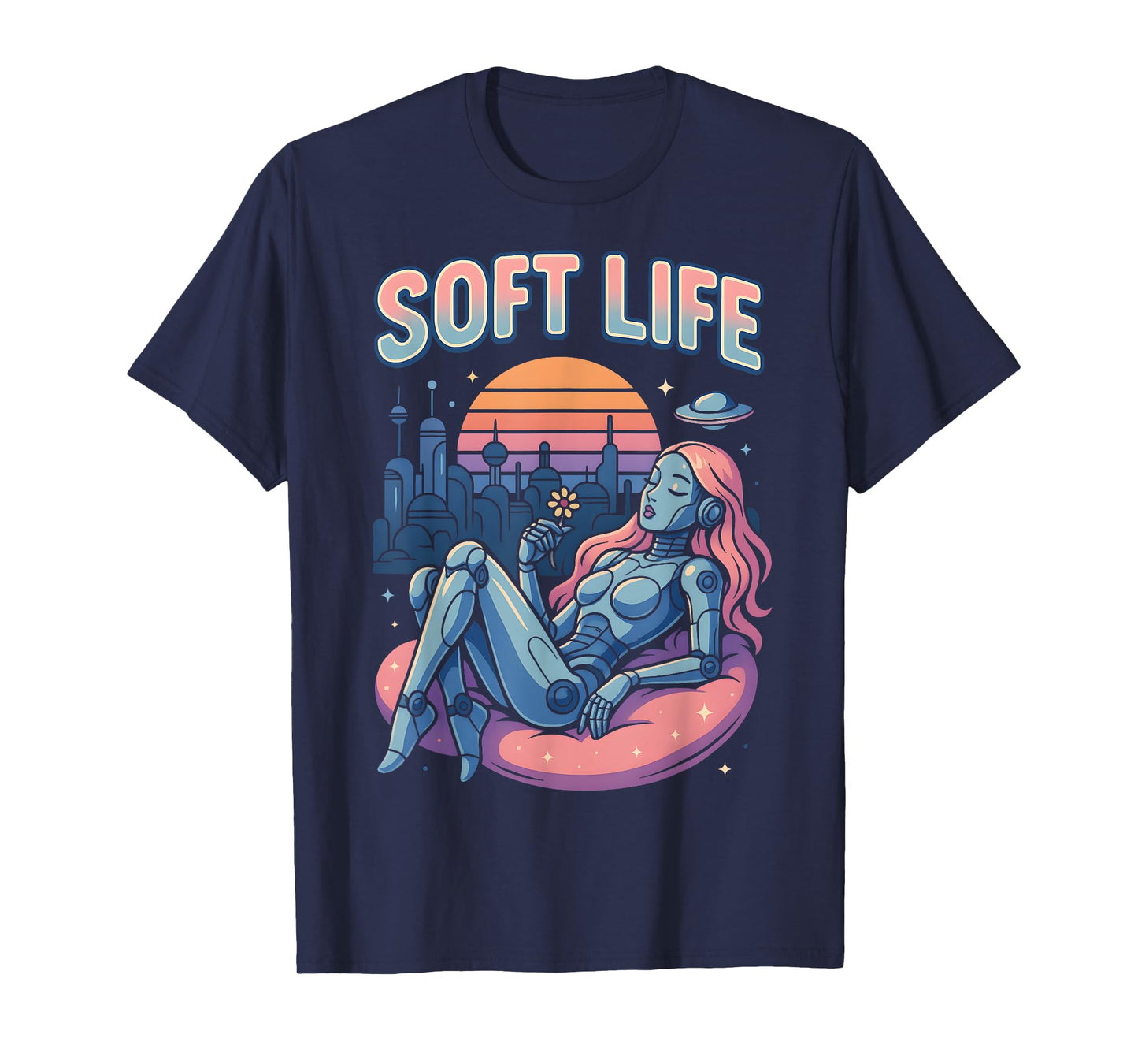 Soft Life Robot Girl Retrofuture City Retro Y2K Aesthetic T-Shirt