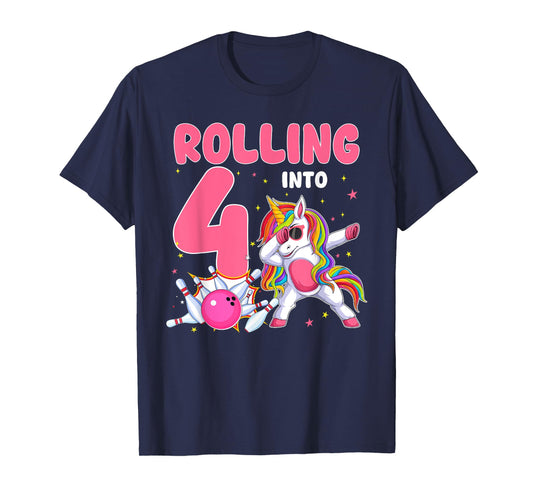 Rolling Into 4 4th Birthday Unicorn Bowling 4 Year Old T-Shirt
